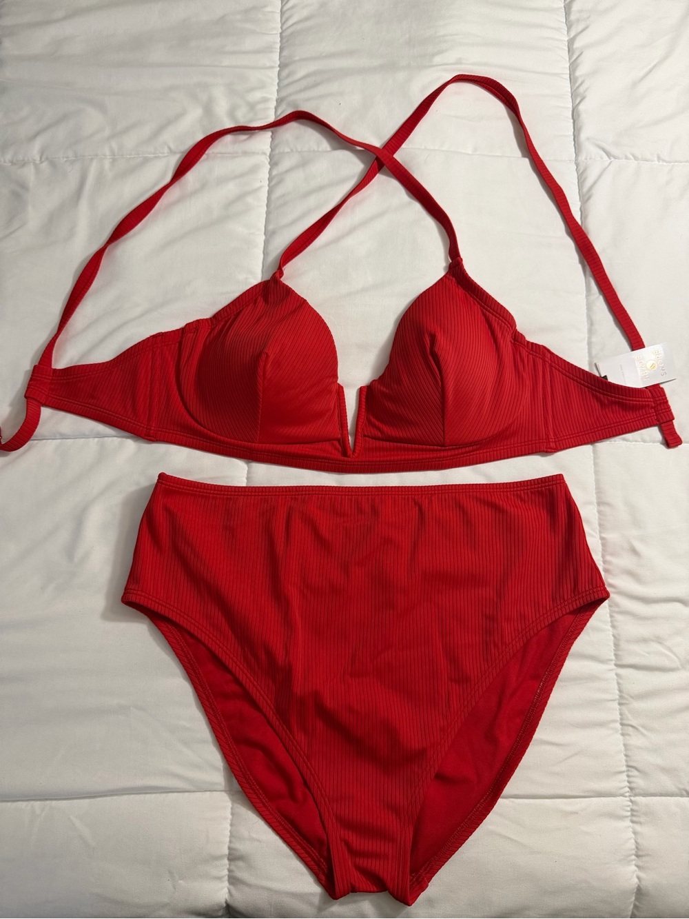Shade & Shore Red Ribbed Underwire Bikini Set